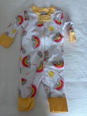 Magnolia Baby White Footie with Rainbow & Yellow Trim